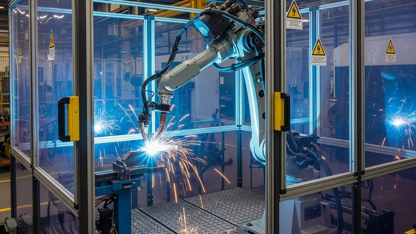 Industrierobot-Schweißer mit Sicherheitsgehäuse